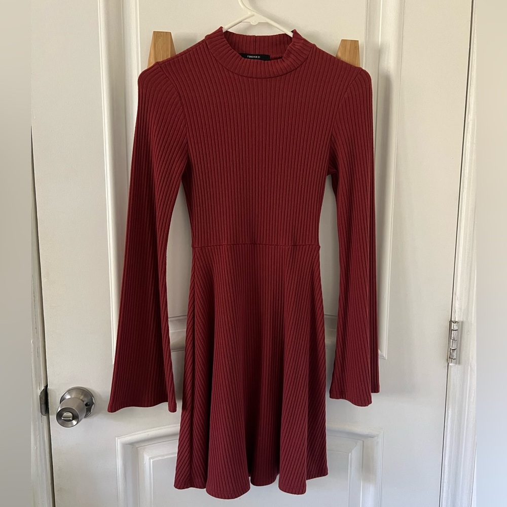 Mock Neck Flare Ribbed Sweater Mini Dress